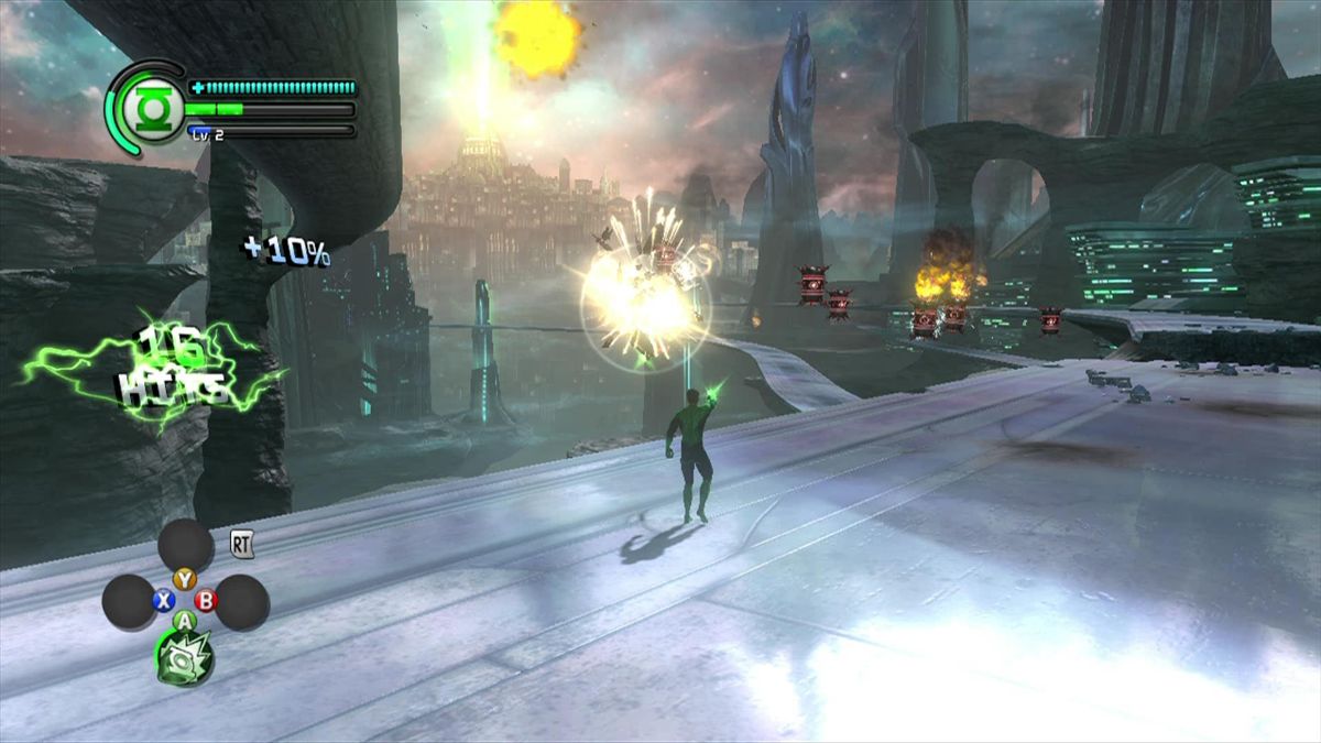 Green Lantern: Rise of the Manhunters (Xbox 360) screenshot: Use Ring Blaster to shoot flying enemies