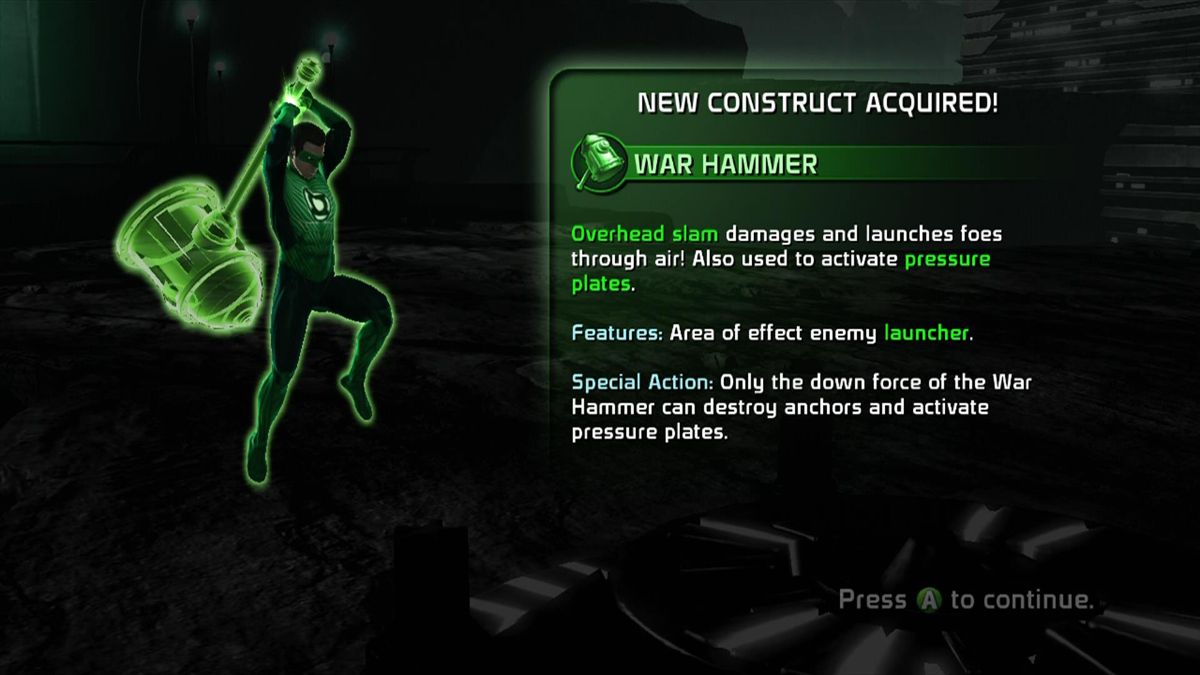 Green Lantern: Rise of the Manhunters (Xbox 360) screenshot: You earned the War Hammer construct. Have fun!