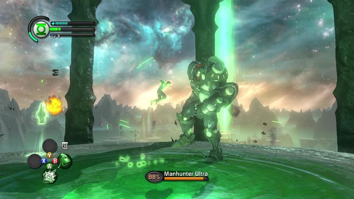 Green Lantern: Rise of the Manhunters (Xbox 360) screenshot: Your first major boss, a Manhunter Ultra.