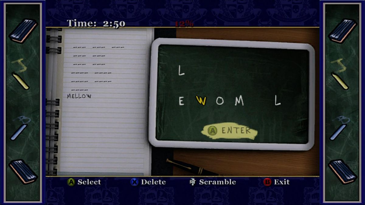 Bully: Scholarship Edition (Xbox 360) screenshot: English class mini game. Arrange the letters to find words.