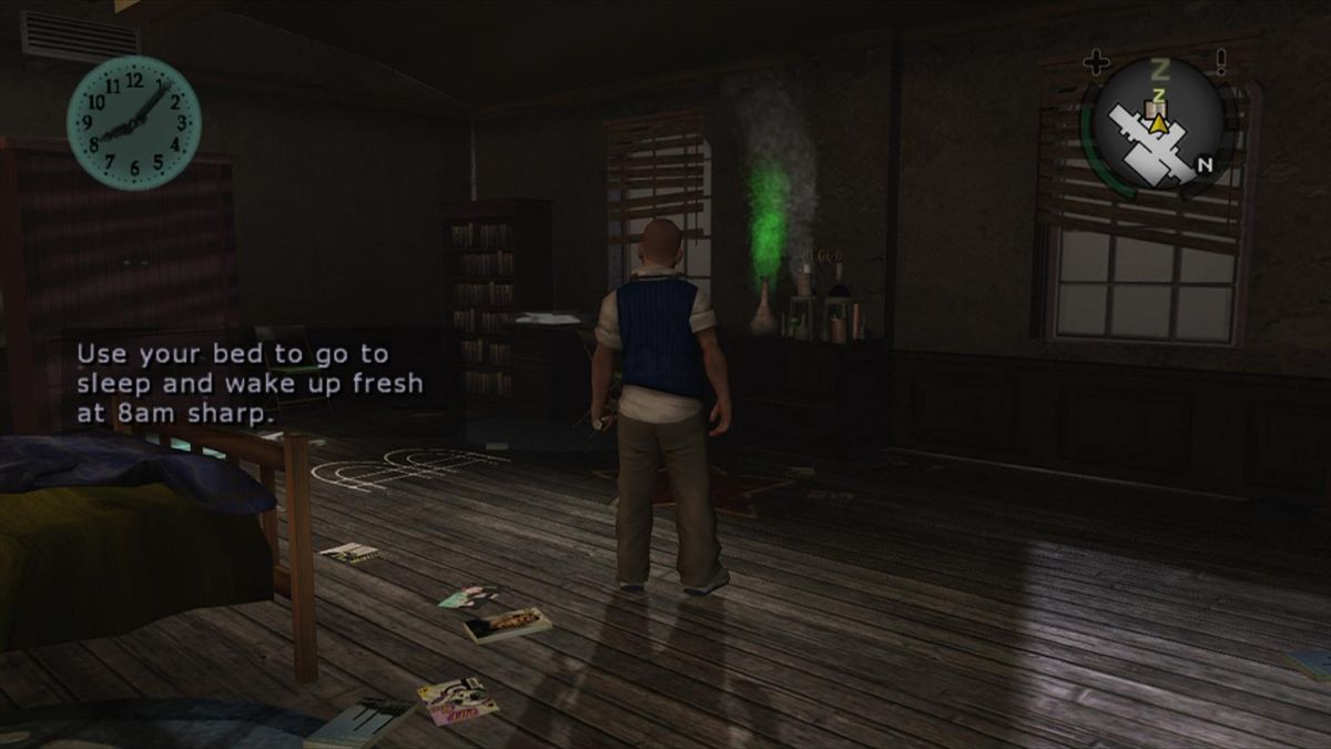 Bully: Scholarship Edition (Xbox 360) screenshot: Your room in the dorm. You can save here, create items using the chem set and go to rest.