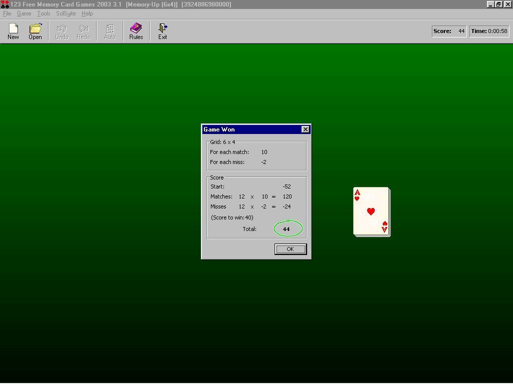 123 Free Memory Card Games (Windows) screenshot: When a game is completed the player is given a score. There is no high score table in this game