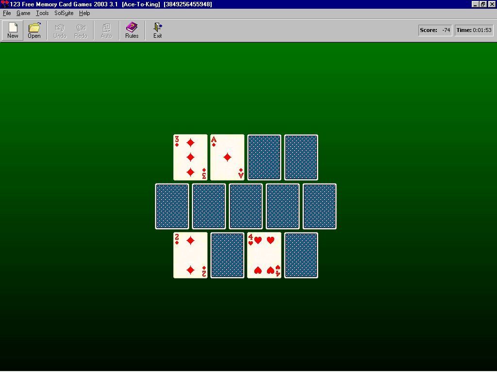 123 Free Memory Card Games (Windows) screenshot: A game of Ace-To-King, here the player has to turn over all the cards in the correct sequence in as few attempts as possible