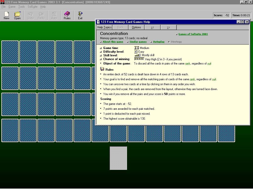123 Free Memory Card Games (Windows) screenshot: This shows the layout and the rules for Concentration