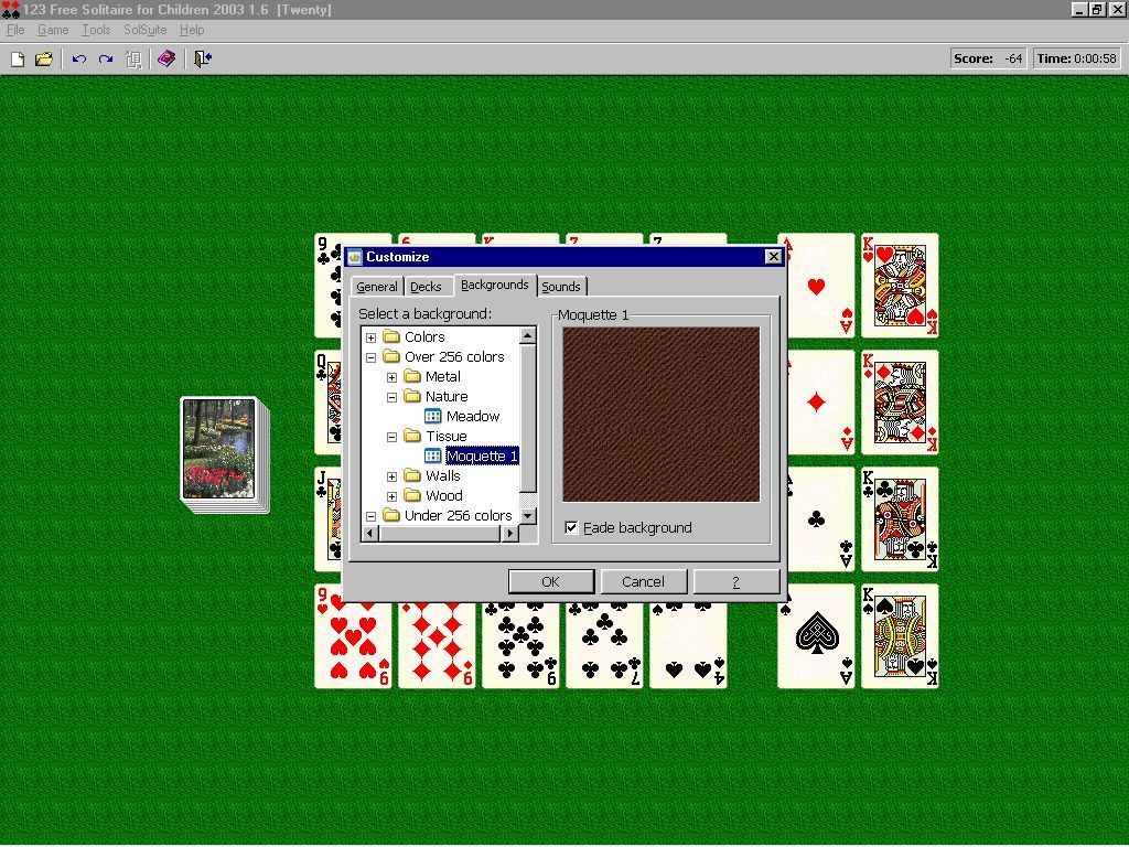 123 Free Solitaire For Children (Windows) screenshot: The game's menu bar gives the player access to the game customisation options
