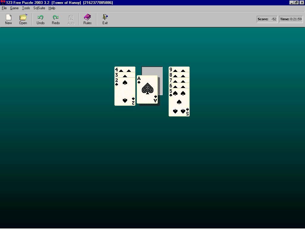 123 Free Puzzle (Windows) screenshot: The 'Tower Of Hanoy' being played with cards