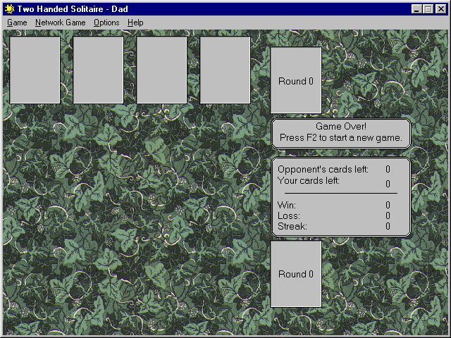 Two Handed Solitaire (Windows) screenshot: This is the game area. A new game is started via the menu bar or the F2 key.