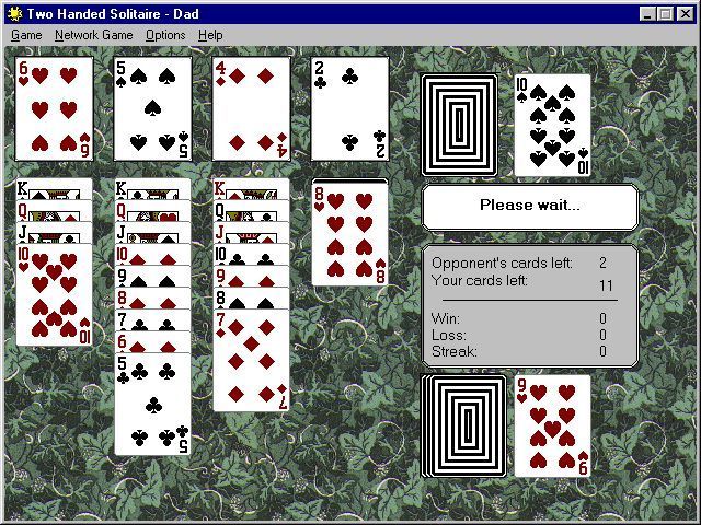 Two Handed Solitaire (Windows) screenshot: This game is nearly over. The computer's stack is in the top right and the player's is in the lower left