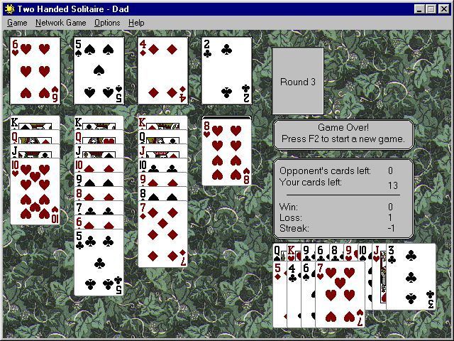 Two Handed Solitaire (Windows) screenshot: game Over. No fuss, no fancy graphics, no high score table.