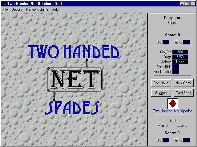 Two Handed Net Spades (Windows) screenshot: The game screen before a game begins. This gives the player a chance to establish a network link before playing