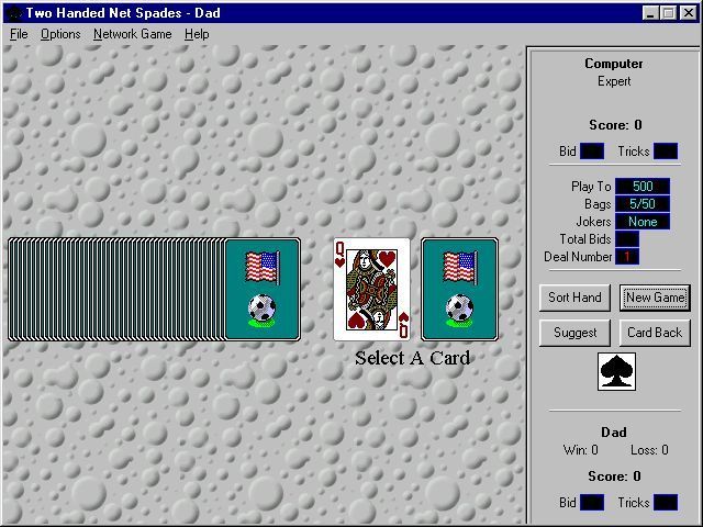 Two Handed Net Spades (Windows) screenshot: The first phase of the game is building the player's hand. This is done by selecting either of the cards shown.