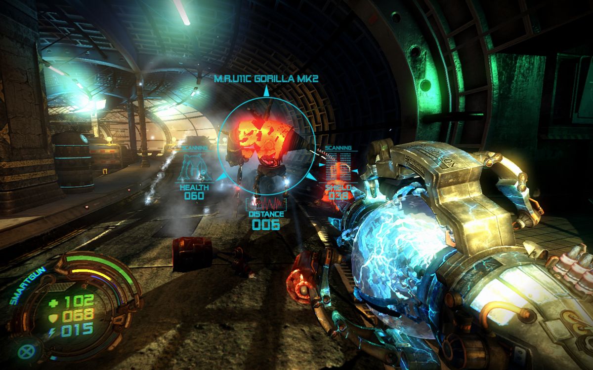 Hard Reset (Windows) screenshot: The smartgun overlays information on the screen, such as the type of enemy, distance and remaining health.