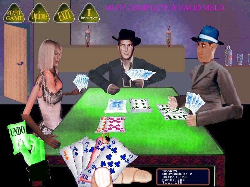 Animated Rummy (Windows) screenshot: The player has a set of three tens. Two have been played and the third is on its way. An UNDO button has appeared in case a mistake is made. v2.3.03