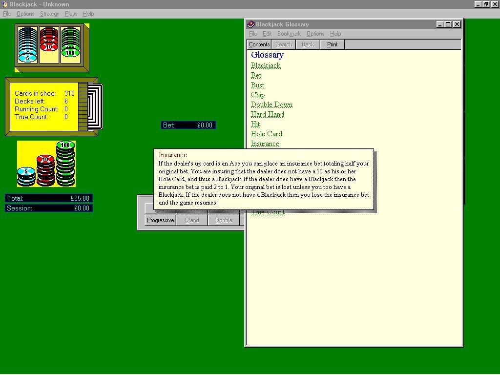 Blackjack Trainer (Windows) screenshot: There are lots of options accessed via the menu bar. This glossary of blackjack terms is one of them.