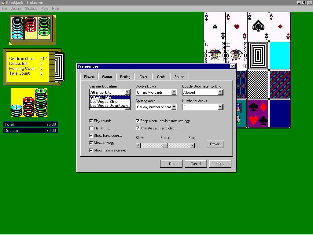 Blackjack Trainer (Windows) screenshot: The game configuration screen changes the style of play