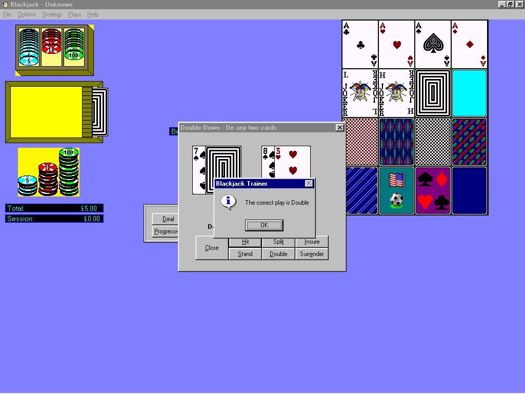 Blackjack Trainer (Windows) screenshot: This shows the game's 'Flash Card' training function