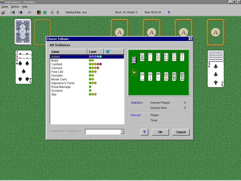 Big Patience (Windows) screenshot: The game selection screen. This is taken from the unregistered shareware version, v4.0 Lite, and consequently has just eleven games