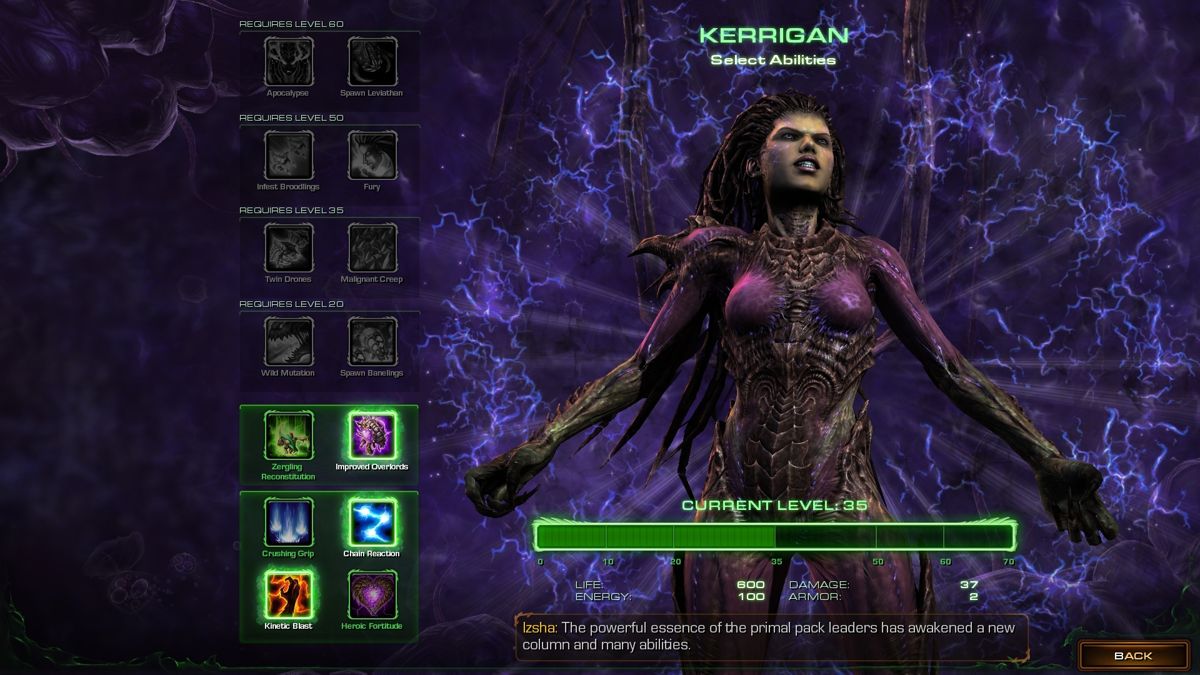 StarCraft II: Heart of the Swarm (Windows) screenshot: Upgrading Kerrigan's abilities.