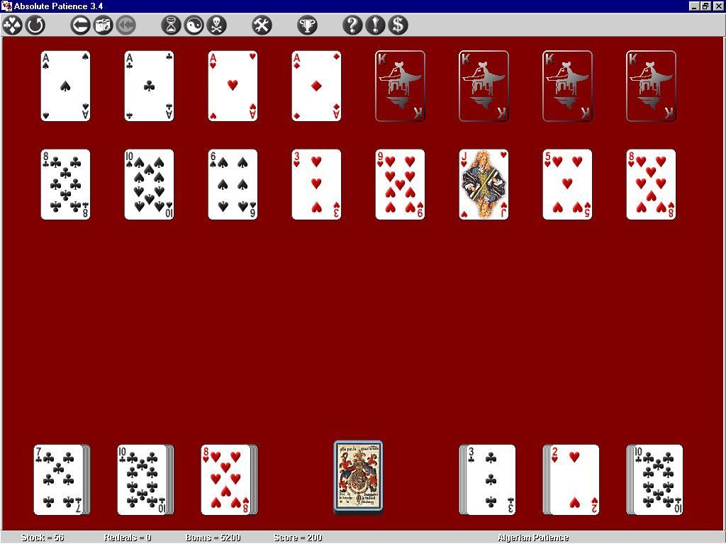 Absolute Patience (Windows) screenshot: This shows the game configuration manager screen which allows the cards, background and game seed to be changed. v3.4