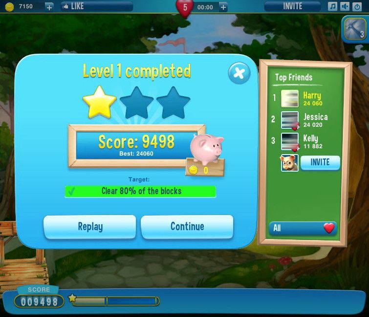 Pet Rescue Saga (Browser) screenshot: Level 1's cleared stats. Photos blurred for privacy.
