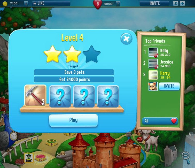 Pet Rescue Saga (Browser) screenshot: Starting level 4. Here, I have to save three pets. Photos blurred for privacy.