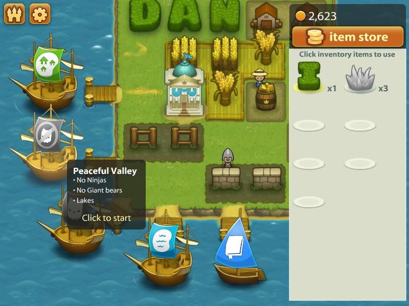 Triple Town (Windows) screenshot: The ships allow you to choose between the four level types and the tutorial.