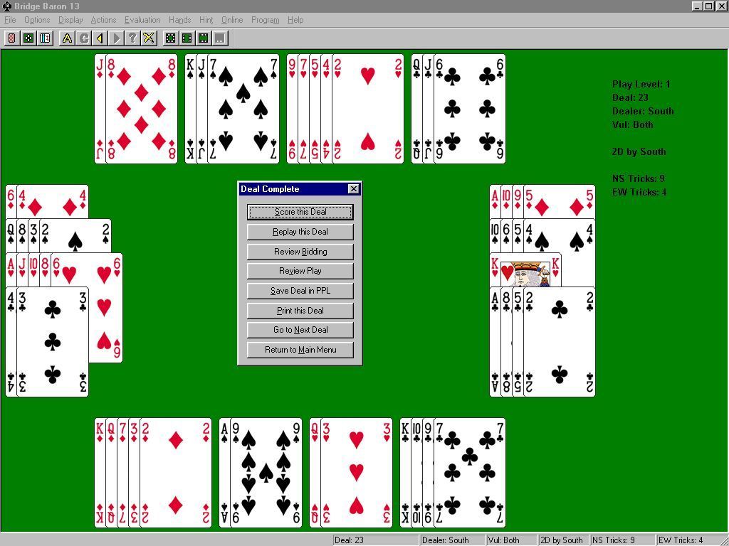 Bridge Baron 13 (Windows) screenshot: Once a hand has been completed the player can see the score, review the bidding or replay it entirely.