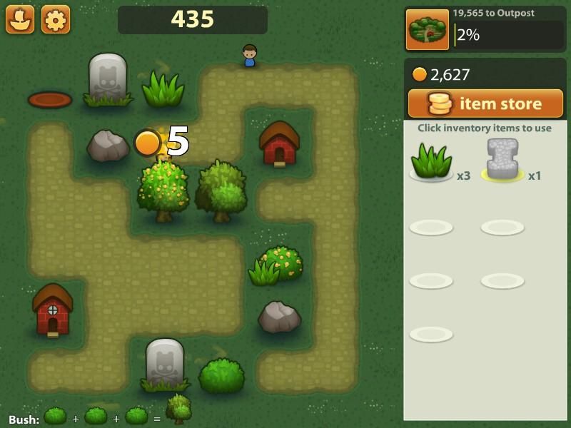 Triple Town (Windows) screenshot: Combining four or more items earns a bonus. Bushes and trees created this way bear nice yellow blossoms.