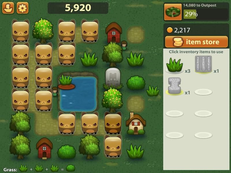 Triple Town (Windows) screenshot: The bears can become a real nuisance. But fill in that last open plot, and they will turn into a massive combo bonus.