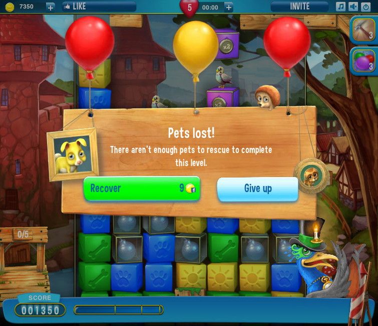 Pet Rescue Saga (Browser) screenshot: I lost a pet. There aren't enough left to save to clear the level.