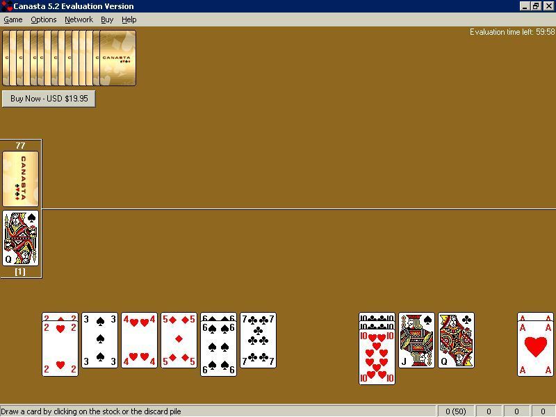 Canasta for Windows (Windows) screenshot: A game is about to begin. The countdown timer in the top right shows how much time the unregistered program will run for. v5.2