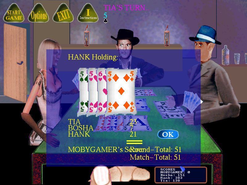 Animated Rummy (Windows) screenshot: The player has won the round. All the opponent's remaining cards are displayed in turn and are totalled. The result is what Mobygamer scores for the round. v2.3.03