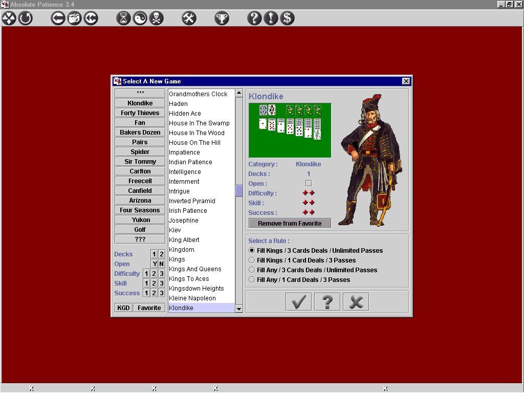 Absolute Patience (Windows) screenshot: The game selection screen. There are many ways to filter the games to find the player's preferred type of game. v3.4