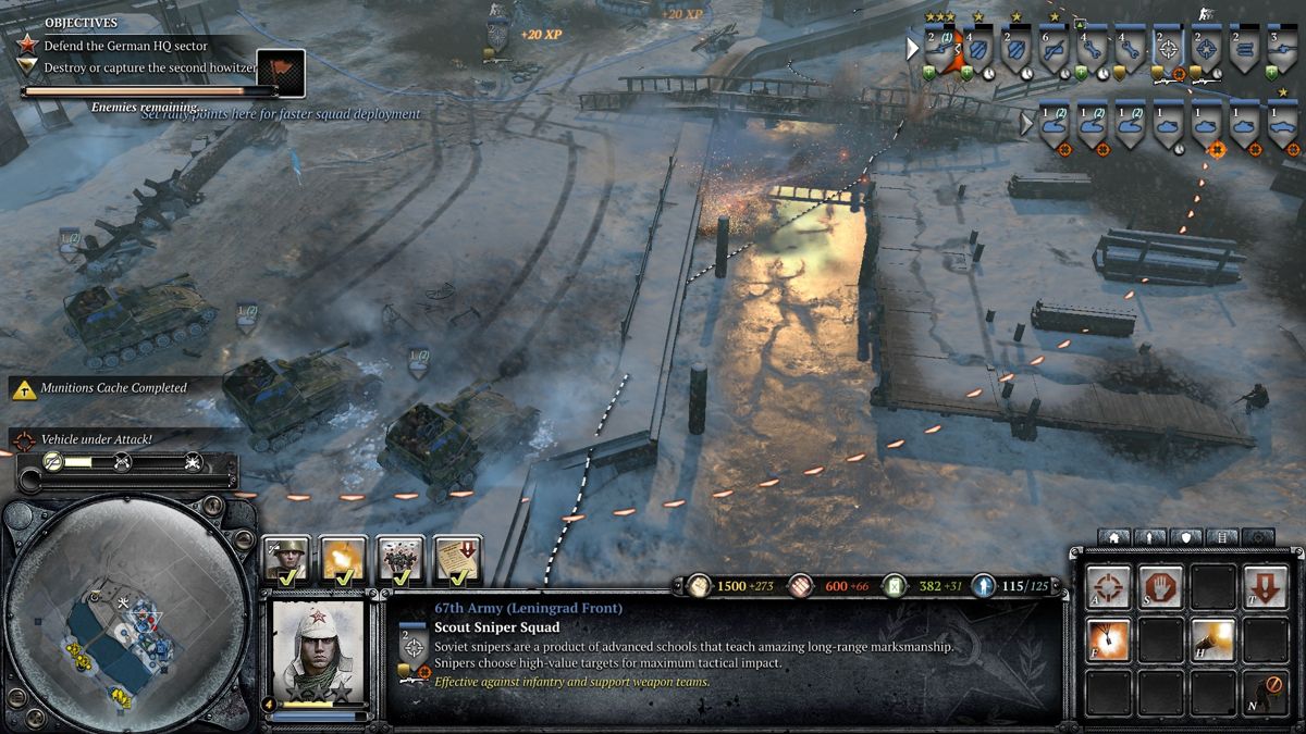 Company of Heroes 2 (Windows) screenshot: Destroying the small bridge will cut off the enemy infantry reinforcements from right side and force them to attack from your well guarded front area.