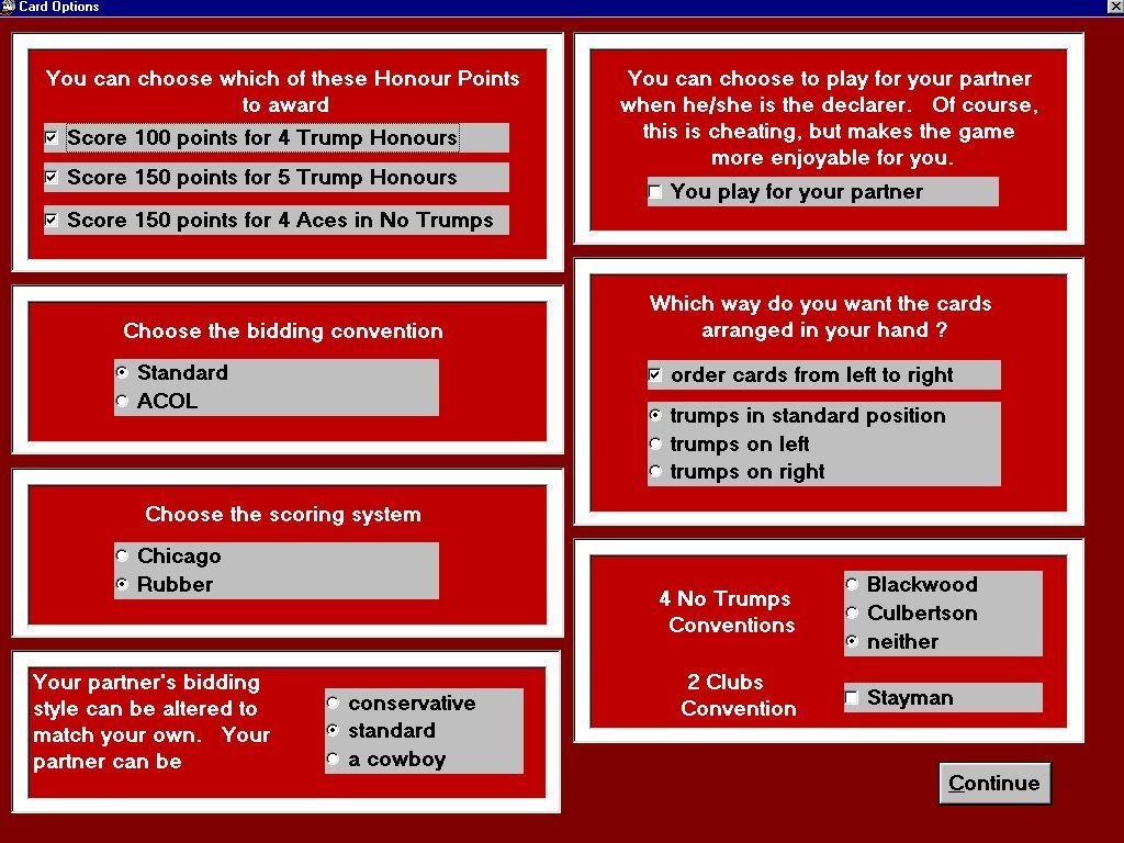 Bridge From Special K (Windows) screenshot: The Card Options screen accessed from the main menu allows the player to select the preferred bidding and scoring systems as well as some basic conventions
