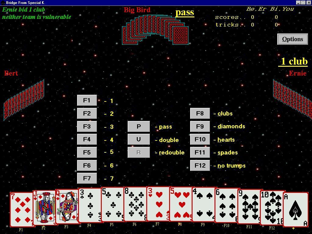 Bridge From Special K (Windows) screenshot: The start of a game. Both bidding and playing can be done with the mouse or the keyboard. This shows the optional Space background.