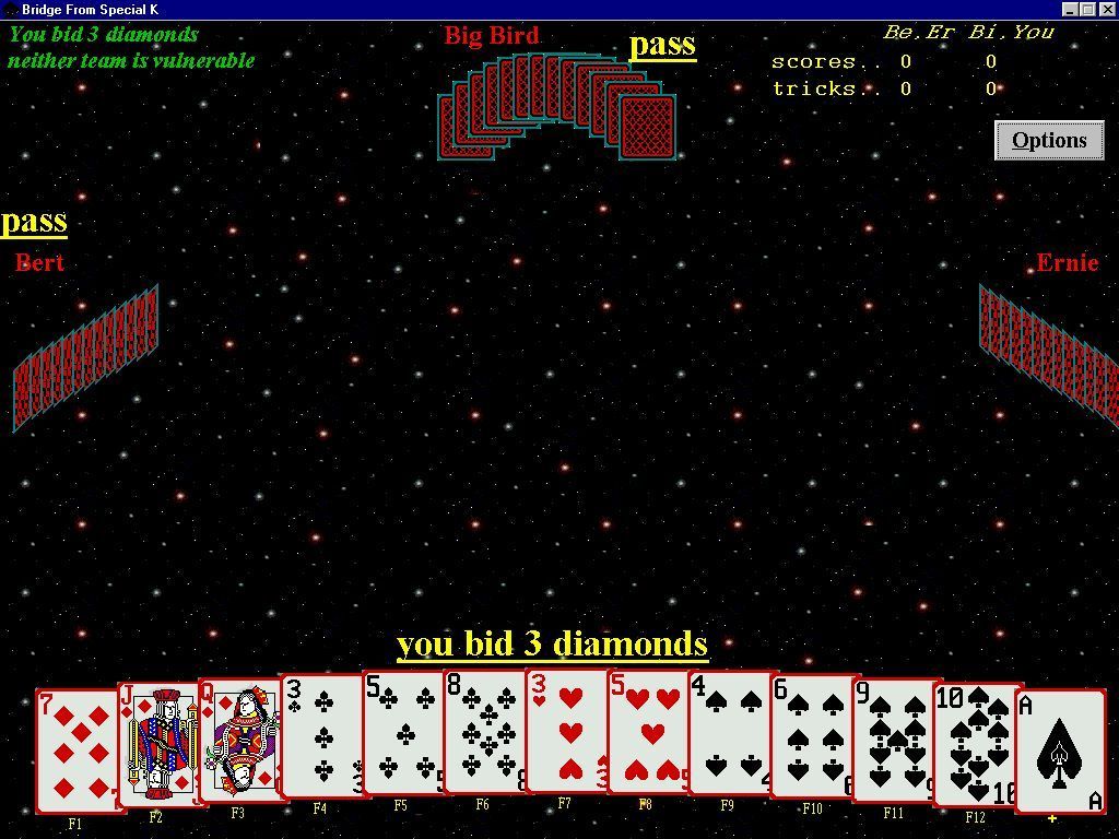 Bridge From Special K (Windows) screenshot: The auction. The game shows only the current round of bids rather than the full bidding history. Earlier bids such as North's two diamonds and East's two spades have been lost