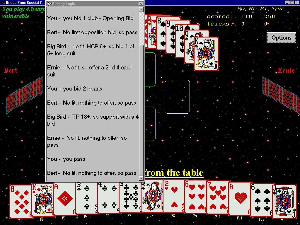 Bridge From Special K (Windows) screenshot: The game has a handy explanation of the bids made during the auction which is helpful to the beginner.