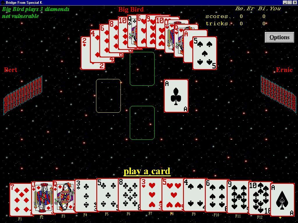 Bridge From Special K (Windows) screenshot: Playing the contract. The ace of clubs has been led by East and it is the player's turn to play from South, which is the dummy hand for this contract