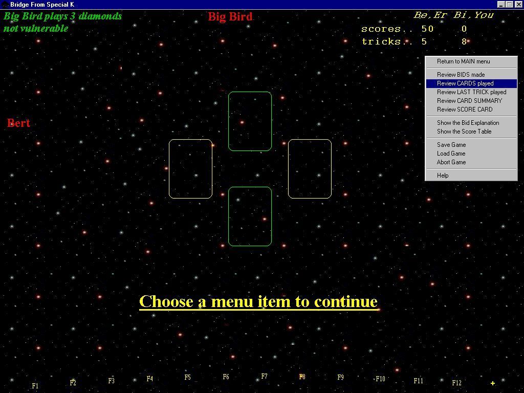 Bridge From Special K (Windows) screenshot: Other options available after each hand allow the player to use the game as a teaching aid
