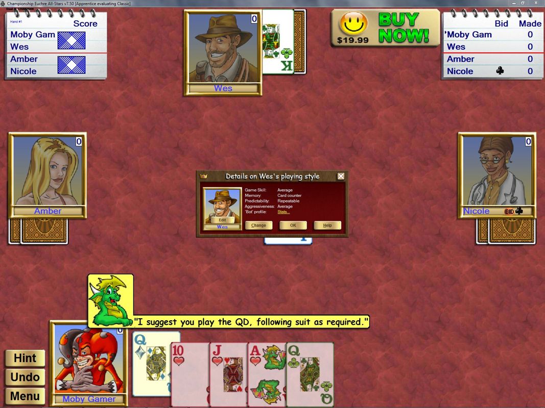 Championship Euchre All-Stars (Windows) screenshot: The card faces, back, and game table can be changed, compare with previous screenshot. Clicking on a computer player allows the user to change or customise them.