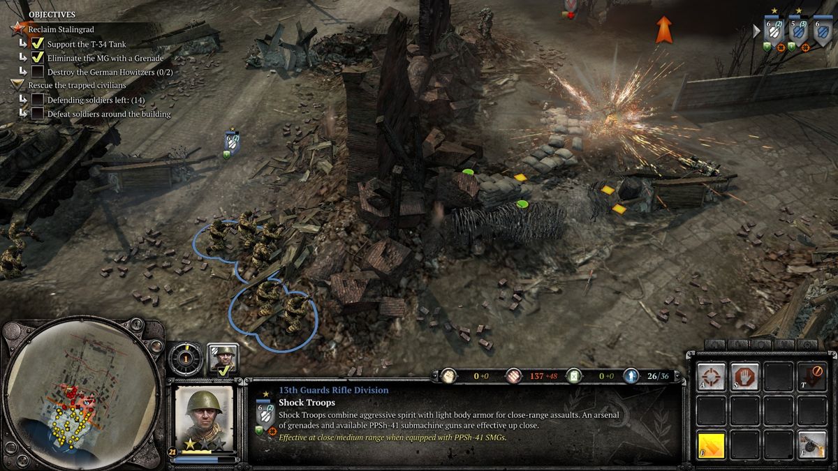 Company of Heroes 2 (Windows) screenshot: Throwing grenades at the entrenched enemy positions.
