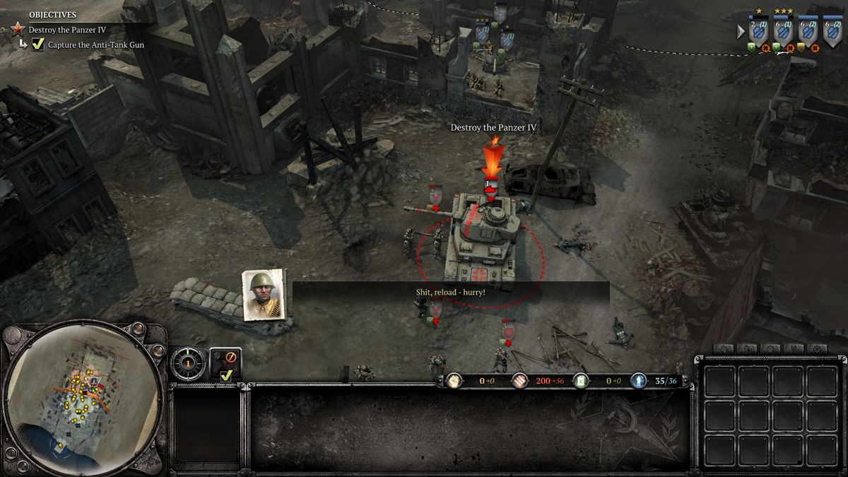 Company of Heroes 2 (Windows) screenshot: Surprising the enemy tank from behind... but first shot was a dud.