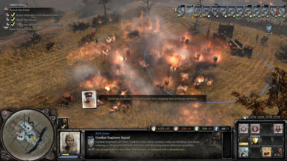 Company of Heroes 2 (Windows) screenshot: Brutal tactics require sacrificing your own people to stop enemy advance and buy your retreating troops a few more minutes.