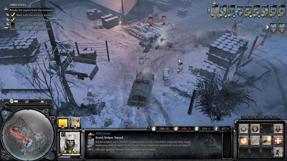 Company of Heroes 2 (Windows) screenshot: Assaulting the enemy compound... good thing their tanks are frozen and inoperational.
