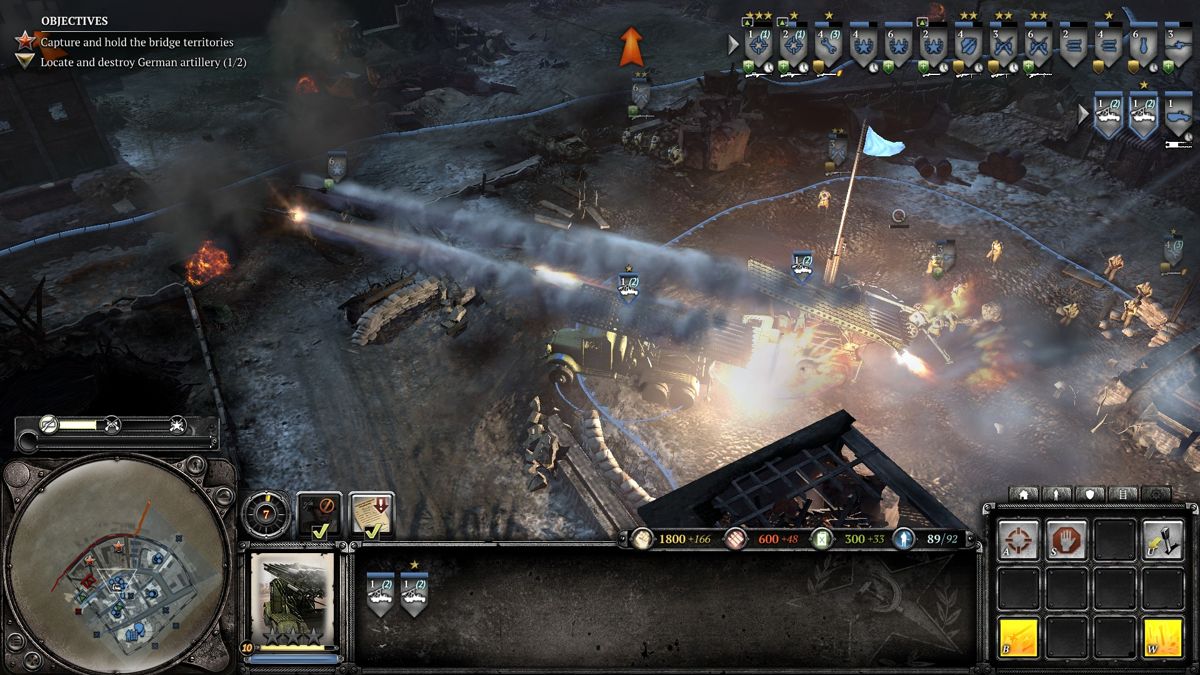Company of Heroes 2 (Windows) screenshot: Katyusha rocket launching trucks can fire a deadly barrage at the enemy from a distant place.