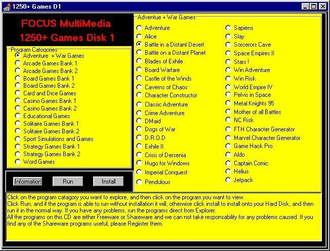 1250+ Games (Windows) screenshot: The main menu for Disk 1. By default the lower window displays usage instructions
