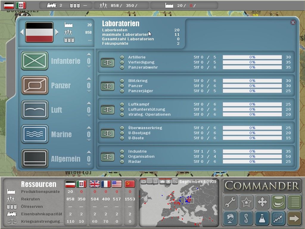 Commander: Europe at War (Windows) screenshot: Research Screen