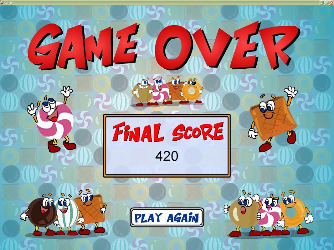 Candyz (Windows) screenshot: Game Over! The same screen is shown