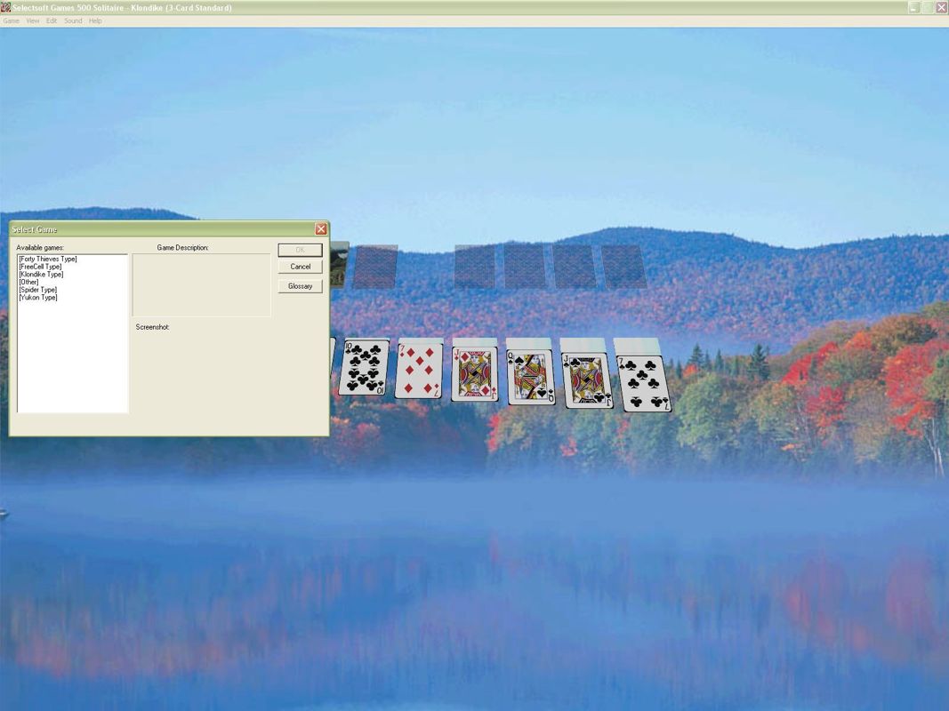 1000 Games: Volume 3 (Windows) screenshot: 500 Solitaire Games. The game starts with a default game but this can be changed. All the games in the collection fall into these six groups.
